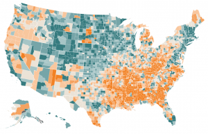 Map via The New York Times of where Americans are healthy and wealthy, or struggling. Learn more about this map here and learn more about the related web search terms study here.