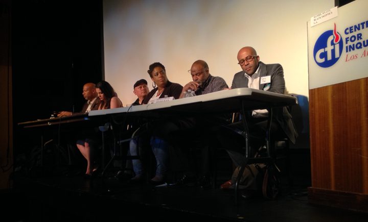 One of the panels included speakers Raina Rhodes (3rd from right), Donald Wright (2nd from right) and Dr. Anthony Pinn (right).  Photo by Noah Wiles.