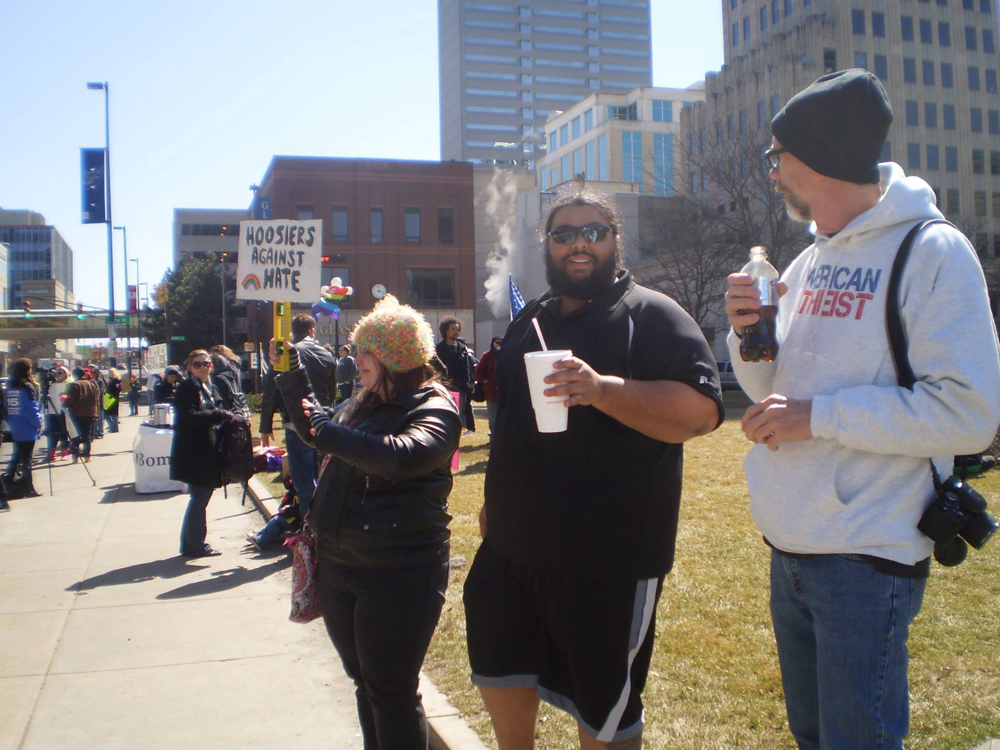 March 28, 2015 Fort Wayne Rally against RFRA with (left to right) Lauren, Luke, and Phil from FreeThought Fort Wayne.