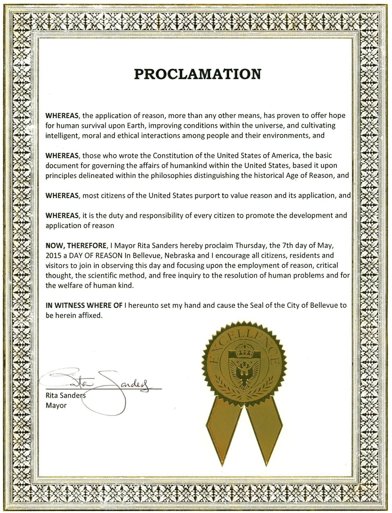 Bellevue, NE Day of Reason city proclamation