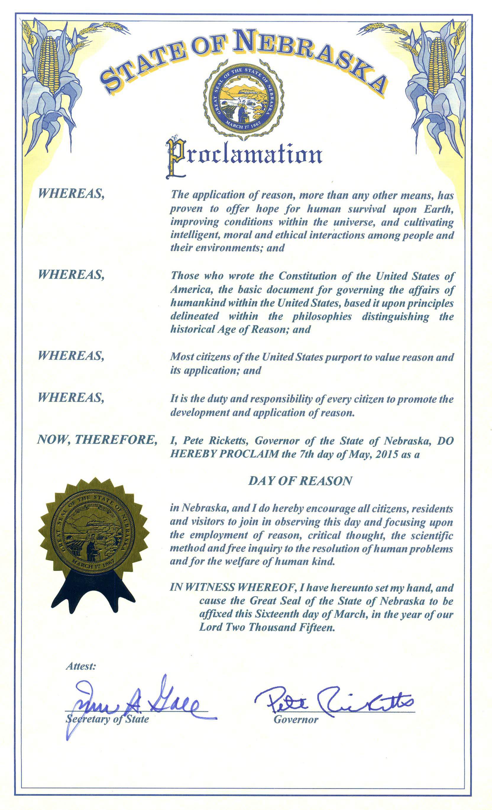 Nebraska's Day of Reason state proclamation