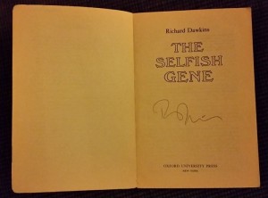 The author's original copy of The Selfish Gene, signed by Richard Dawkins (photo courtesy Geoffrey Hodge)