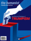 Fall 2026 The Humanist Magazine cover, depicting a cartoon hand placing a piece of paper with a cross on it into a ballot box.