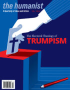 Fall 2026 The Humanist Magazine cover, depicting a cartoon hand placing a piece of paper with a cross on it into a ballot box.