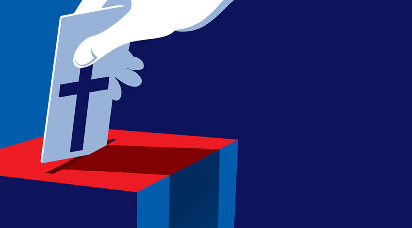 A cartoon hand placing a piece of paper with a cross on it into a ballot box.