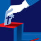 A cartoon hand placing a piece of paper with a cross on it into a ballot box.